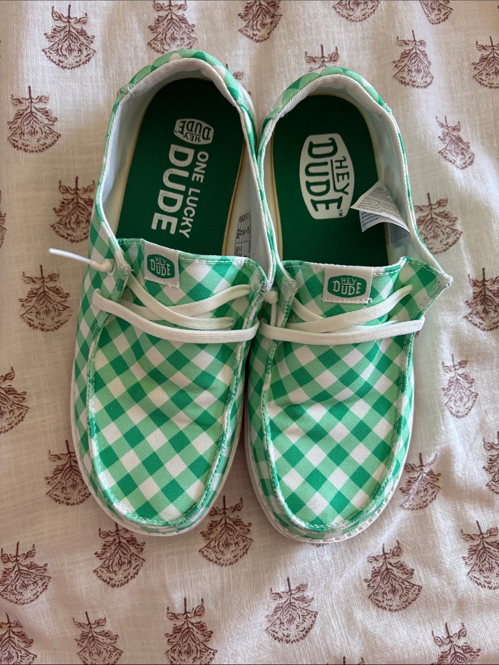 Hey Dude Women’s Mint Green Gingham Slip-On Sneakers